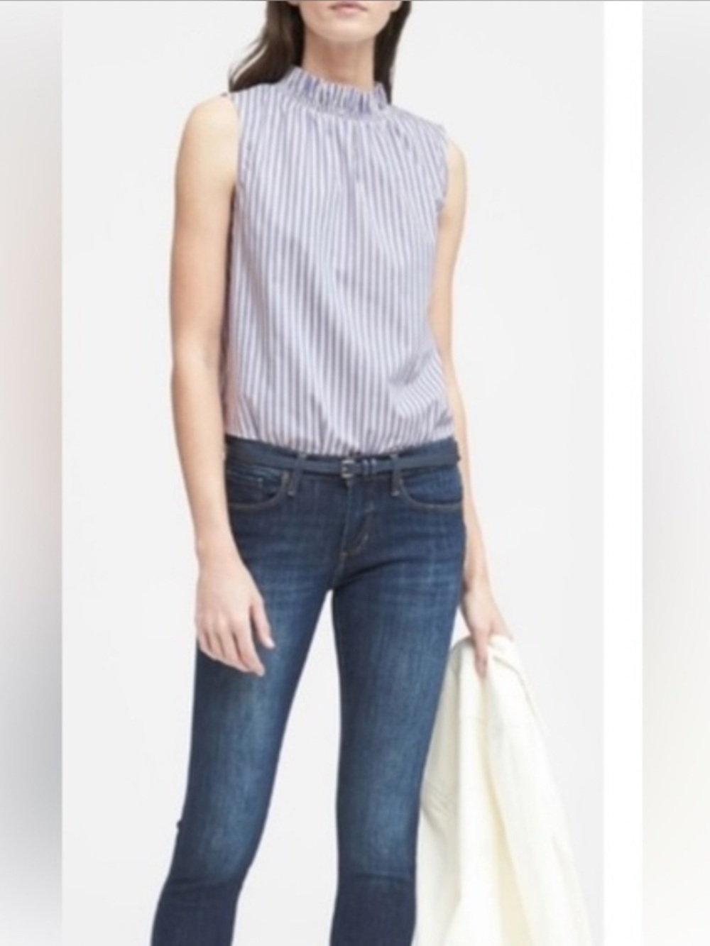 Banana Republic Lavender and White Striped Sleeveless Mock Neck Top